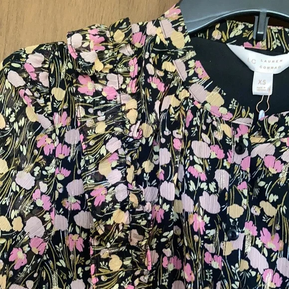 Relist9/28🔺LC Lauren Conrad floral print mini dress ruffle & metallic detail XS - Picture 5 of 17